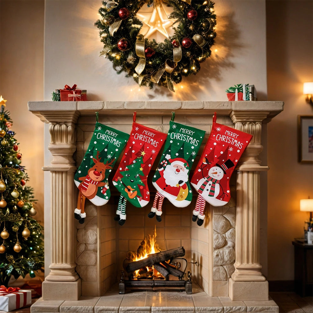 4Pcs Christmas Stocking Goodies Sock Xmas Wall Tree Party Hanging Candy Bag Decoration