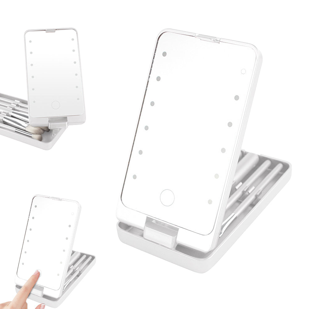 Compact LED Makeup Mirror with Cosmetic Brush and Holder