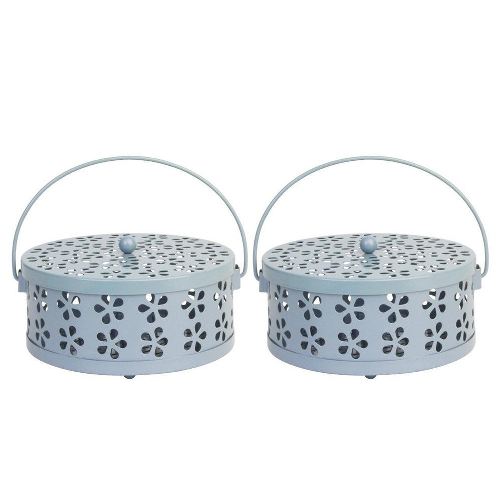 2X 14cm Metal Mosquito Coil and Incense Holder with Lid Floral Cutout Design
