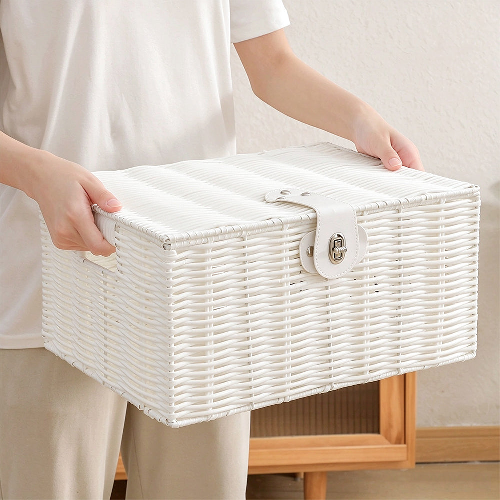 3 Piece Imitation Rattan Woven Storage Basket Set with Locking Lids-White