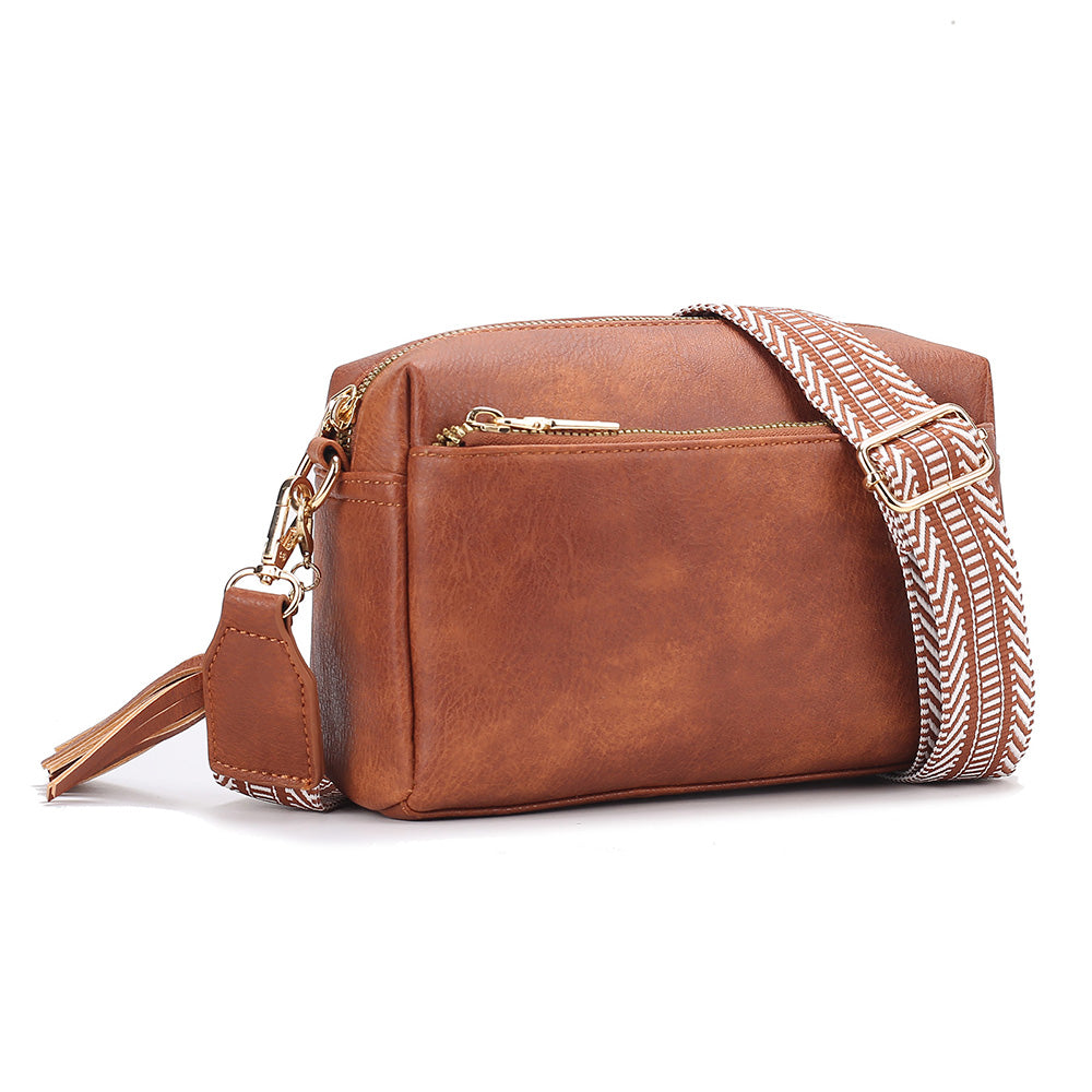 Womens Crossbody Bag with Triple Zipper - PU Leather Shoulder Bag with Adjustable Guitar Strap