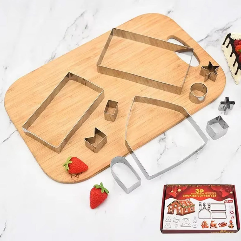 18PCS Stainless Steel 3D Christmas Cookie Cutter Set Gingerbread House Shapes