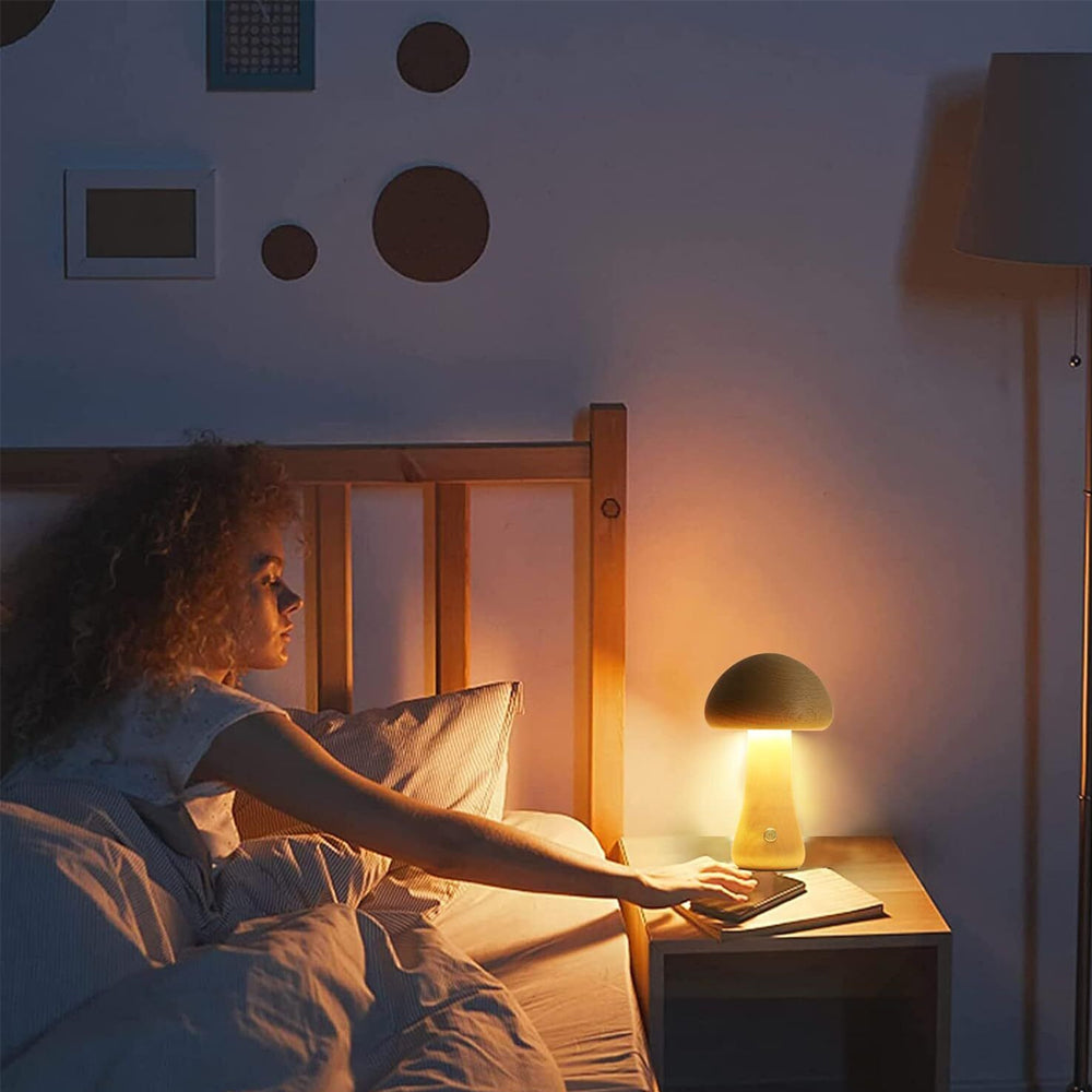 Wooden Mushroom Rechargeable Battery Operated Lamp with Stepless Dimming