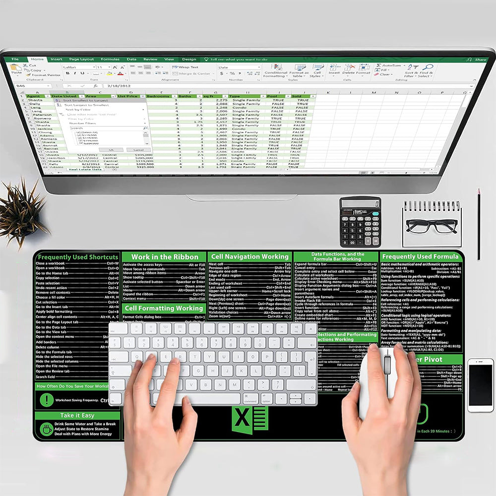 2Pcs Excel Shortcuts Office Mouse Pad Keyboard Mat