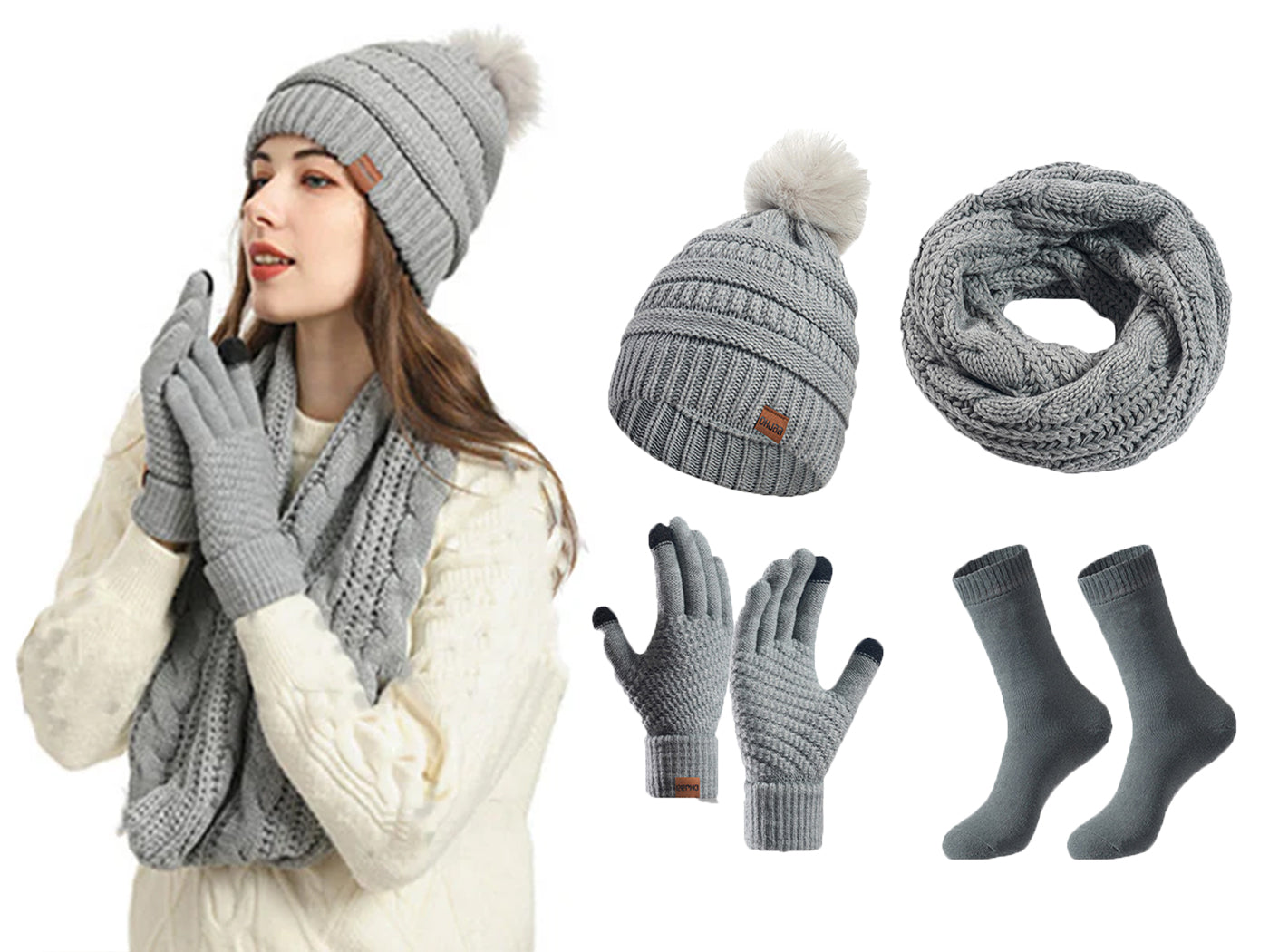 Winter Warm Knit Beanie Hat Scarf Touch Screen Gloves and Socks Set for Women