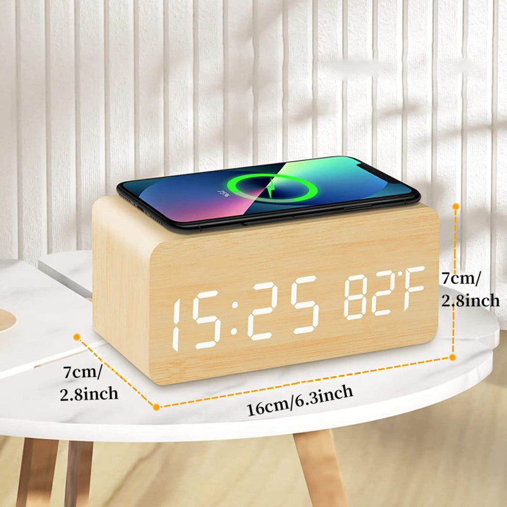 Wooden Digital Alarm Clock with Wireless Charger