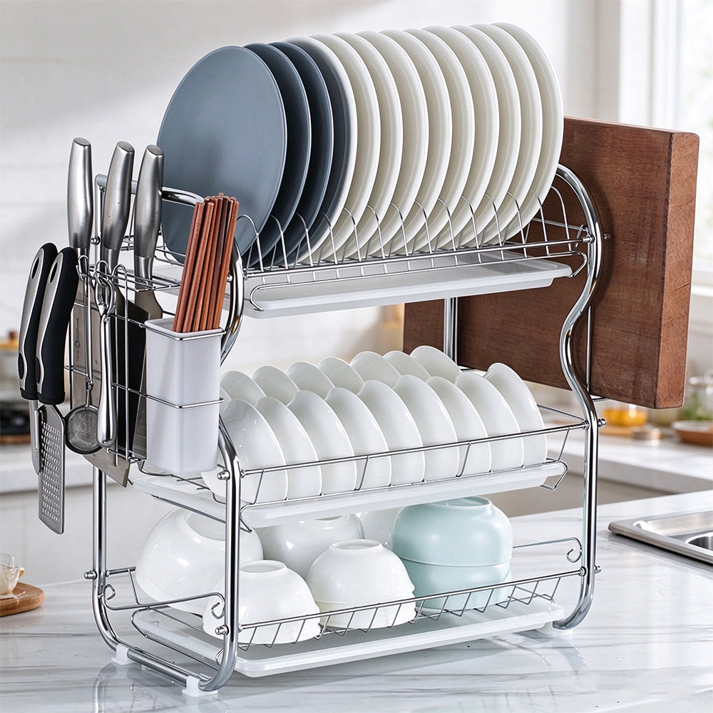 Multifunctional 3 Tier Iron Dish Drying Rack with Drainboard