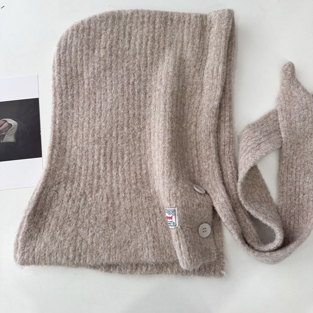 Hooded Knit Scarf Cape Knitted Balaclava Neck Warmer with Buttons Knitted Neck Warmer Wrap