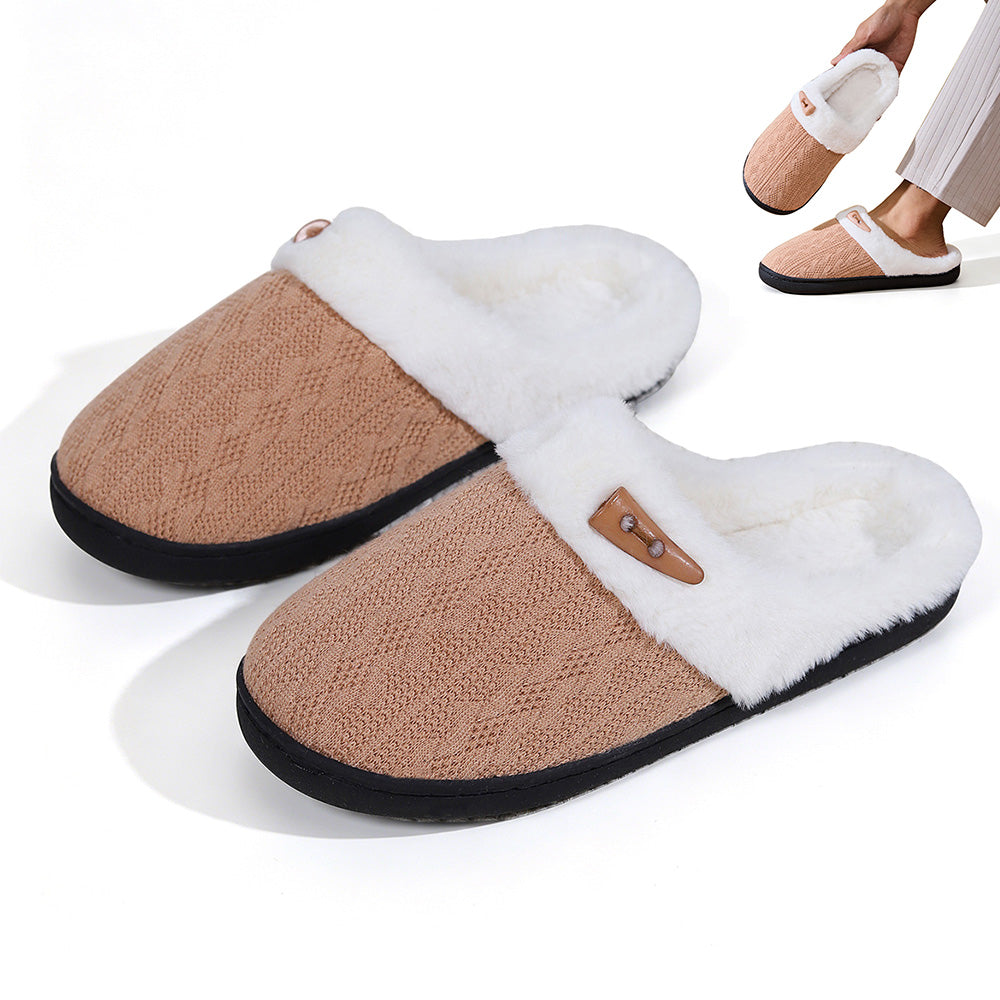 Indoor Non Slip Fuzzy Slippers for Women Warm Knitted House Shoes-Khaki