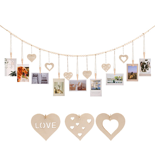 Wall Hanging Photo Display Wooden Beads Garland Photo Holders with 9 Wood Clips