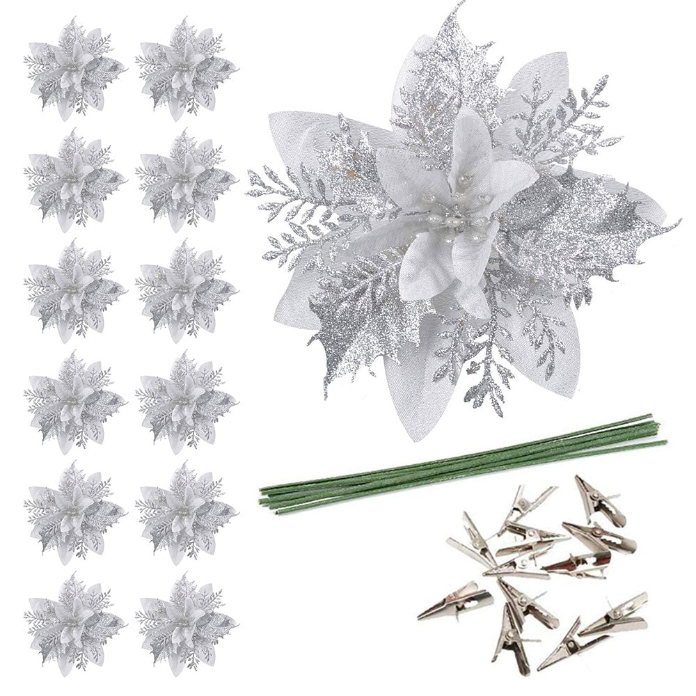 12Pcs Christmas Glitter Poinsettia Artificial Flower with Clip and Stem