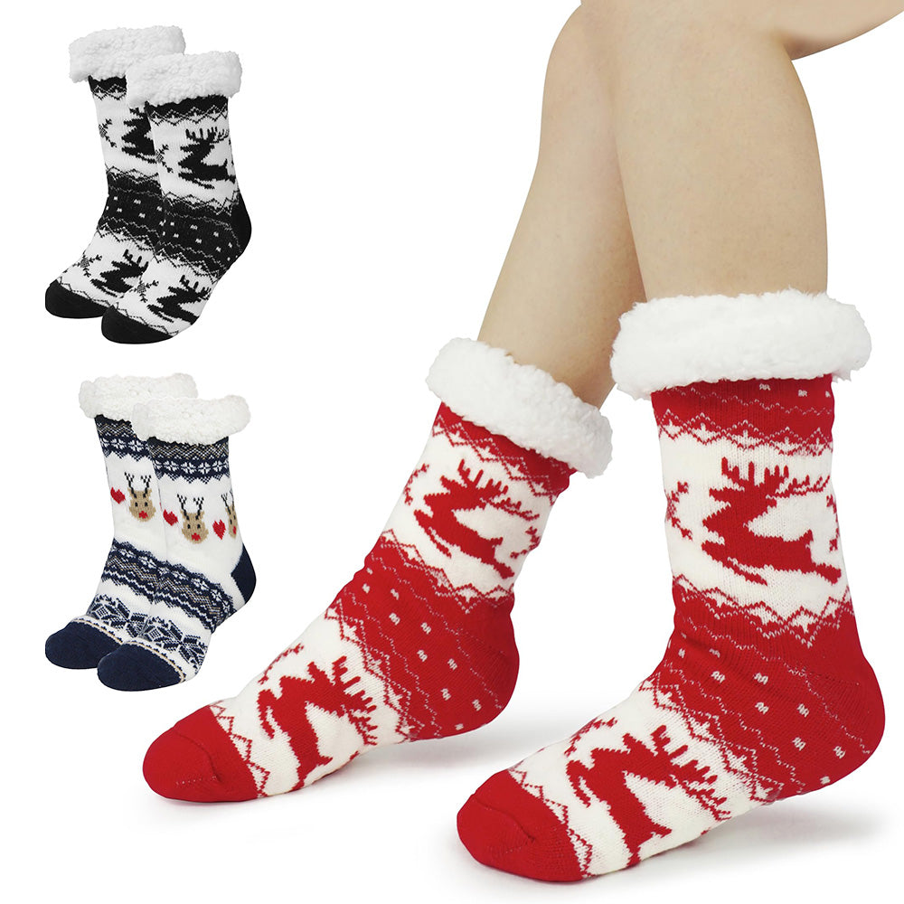 Christmas Non-Slip Floor Socks for Women - Cozy Fleece House Socks with Anti-Slip Sole