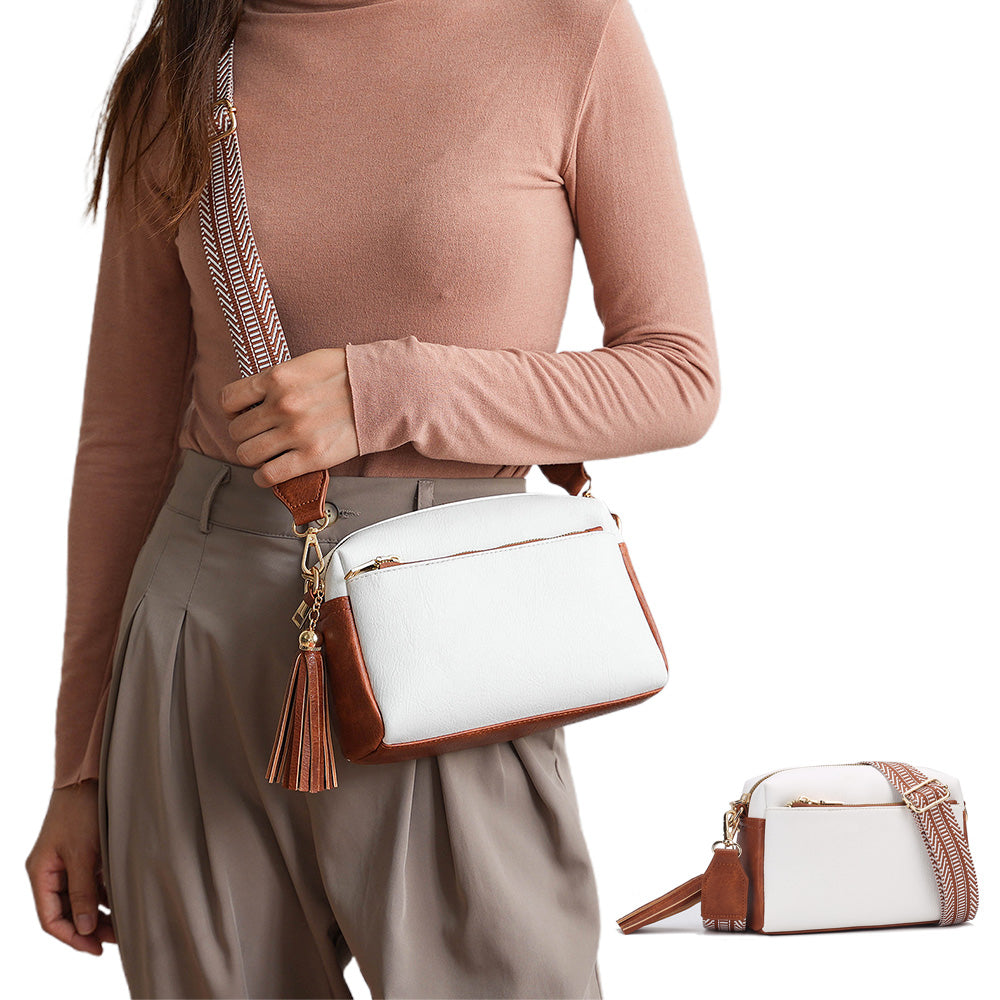 Womens Crossbody Bag with Triple Zipper - PU Leather Shoulder Bag with Adjustable Guitar Strap