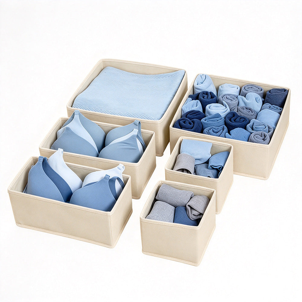 6 Piece Foldable Nonwoven Drawer Organizer Bins in 3 Sizes with Zippers