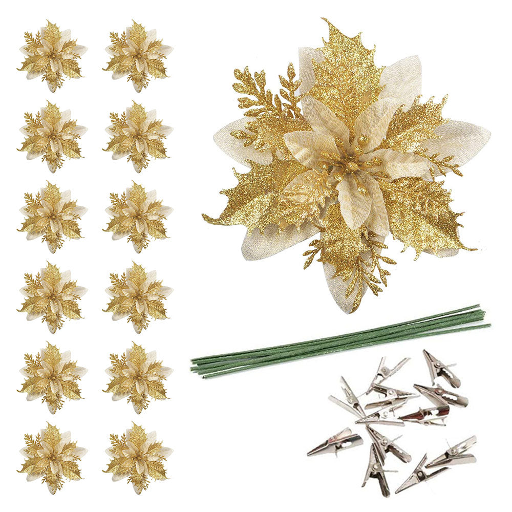 12Pcs Christmas Glitter Poinsettia Artificial Flower with Clip and Stem