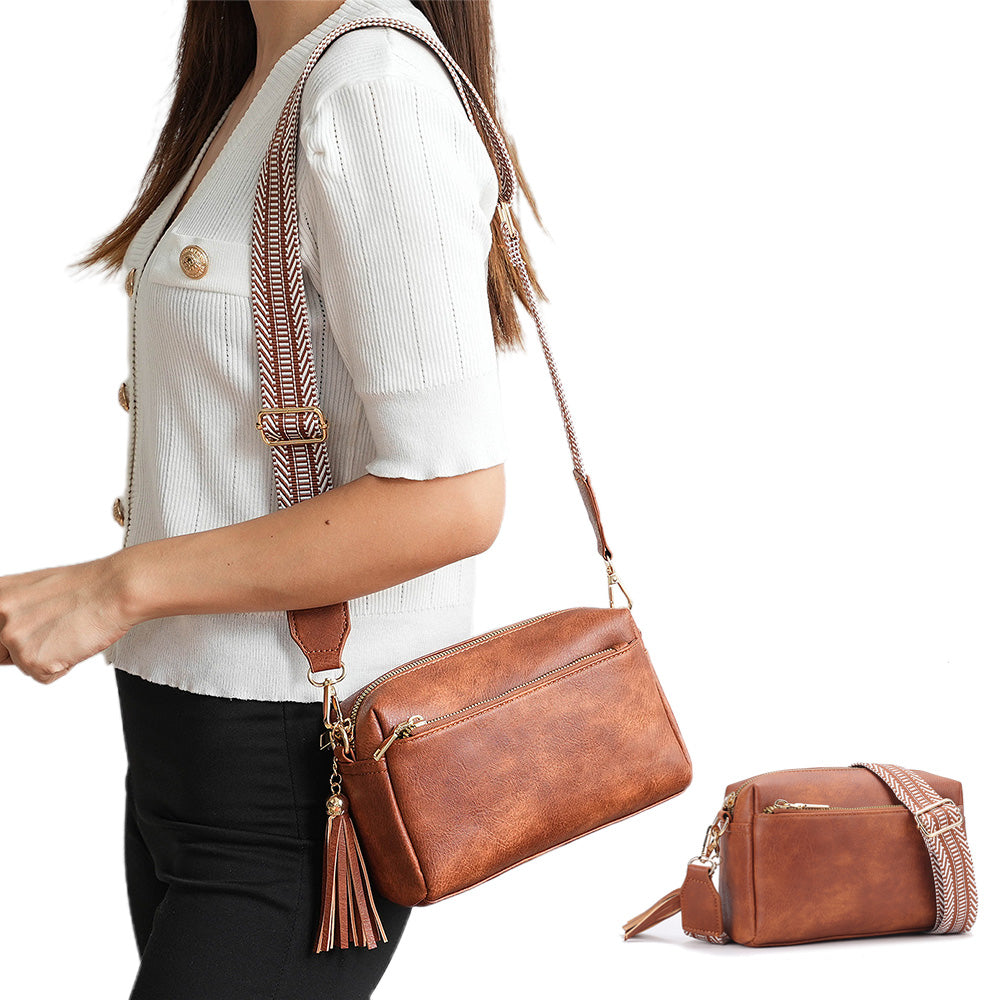 Womens Crossbody Bag with Triple Zipper - PU Leather Shoulder Bag with Adjustable Guitar Strap