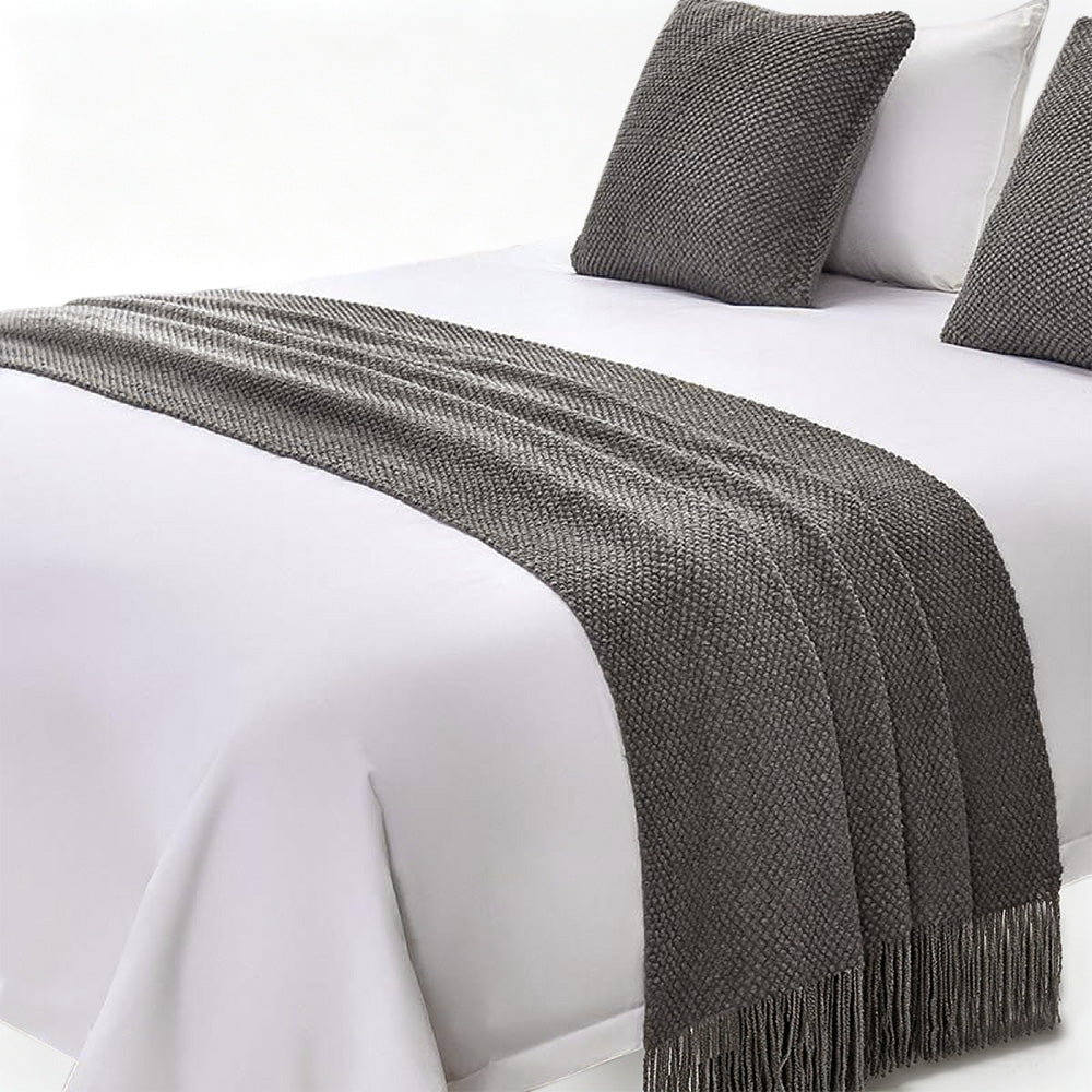 Vintage Knitted Throw Blanket with Tassels-Dark Grey