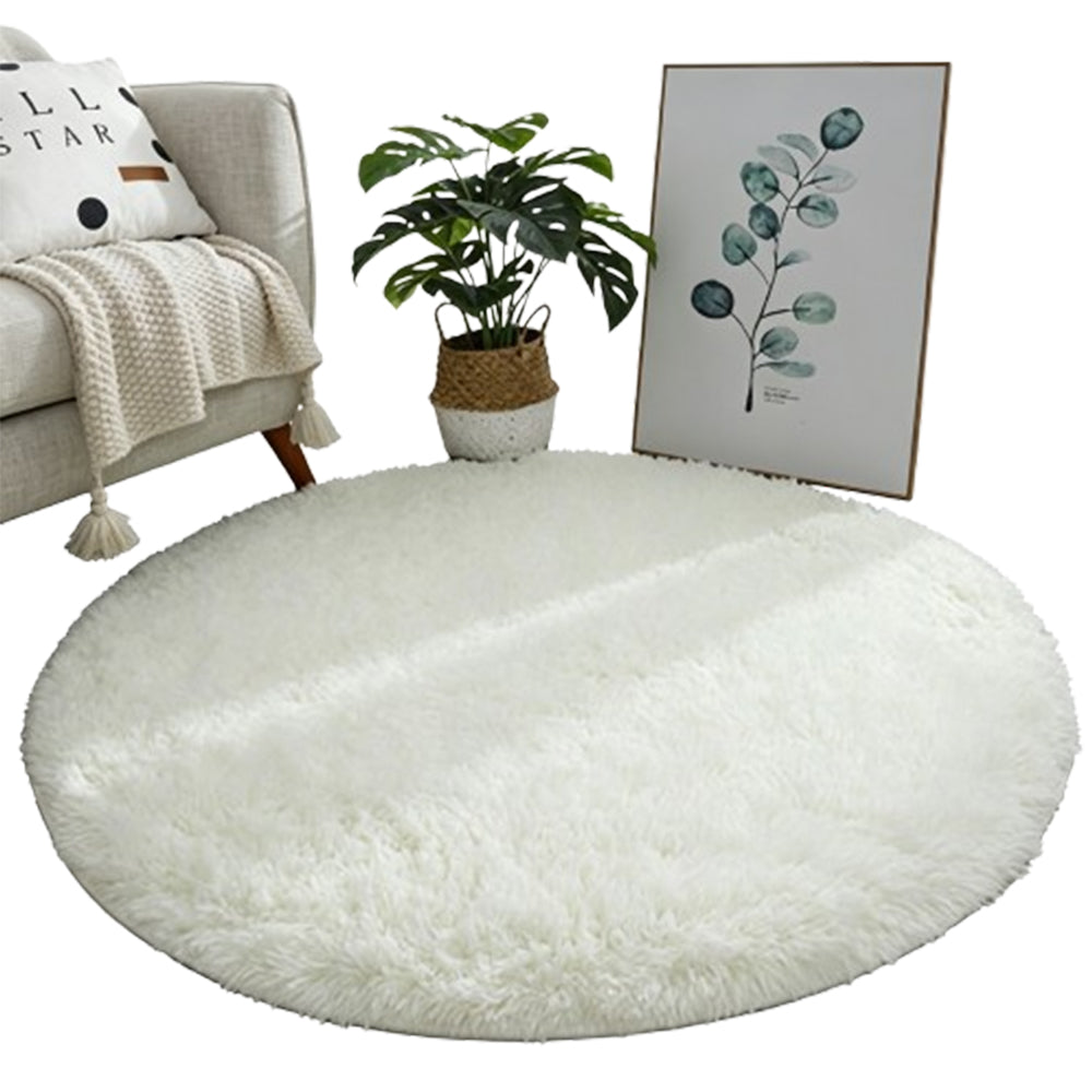 Round Plush Area Rug Soft Fluffy Non Slip Carpet for Living Room Bedroom-White