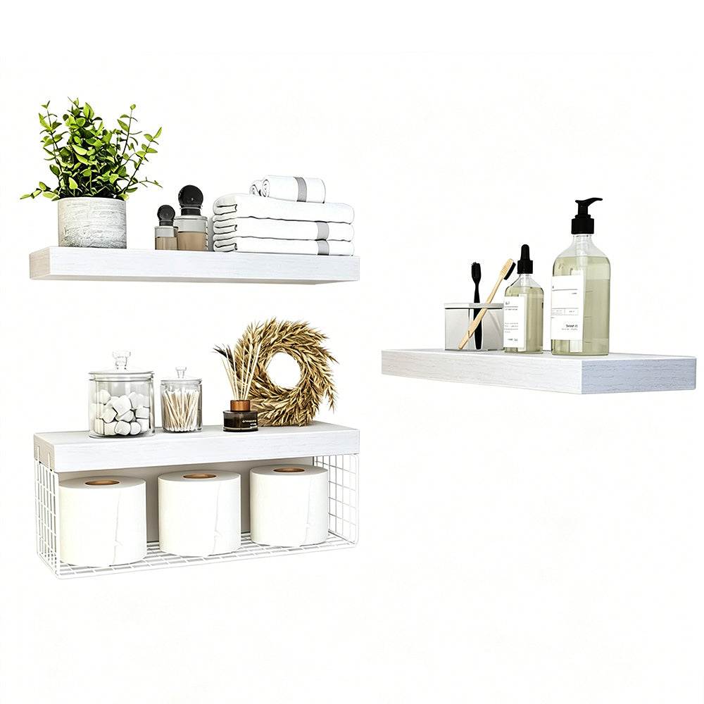 3 Tier Bathroom Shelf Wall Mounted Floating Shelf with Storage Basket