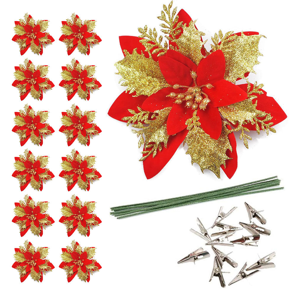 12Pcs Christmas Glitter Poinsettia Artificial Flower with Clip and Stem