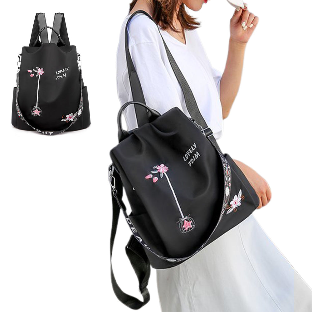Women's Floral Embroidered Anti Theft Backpack