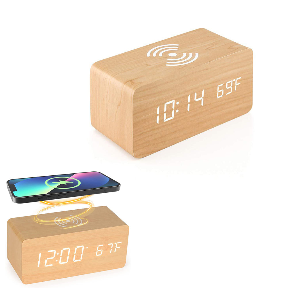 Wooden Digital Alarm Clock with Wireless Charger