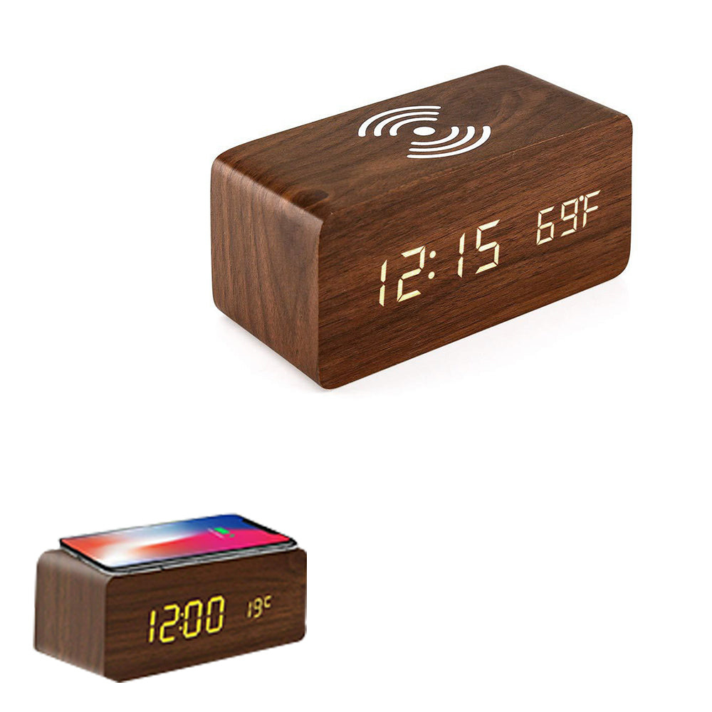 Wooden Digital Alarm Clock with Wireless Charger