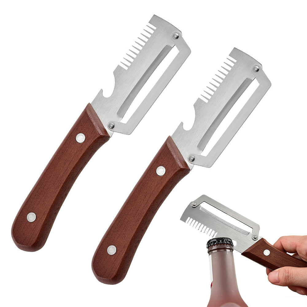 Multi-Functional Vegetable Peeler Stainless Steel Blade with Wooden Handle and Bottle Opener