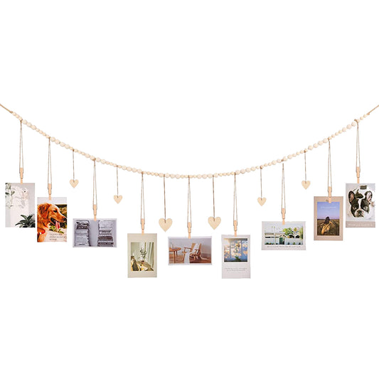 Wall Hanging Photo Display Wooden Beads Garland Photo Holders with 9 Wood Clips