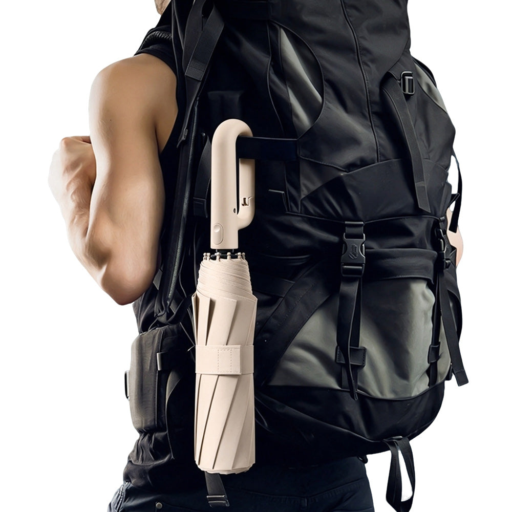 Automatic 10-Rib Folding Umbrella with Carabiner Handle Windproof