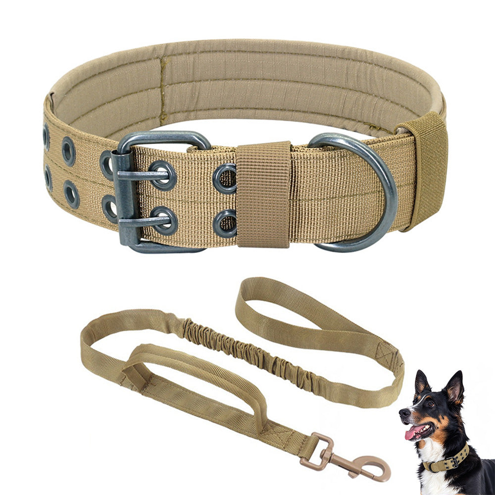 Adjustable Padded Nylon Dog Collar and Leash Set for Large Dogs-Khaki