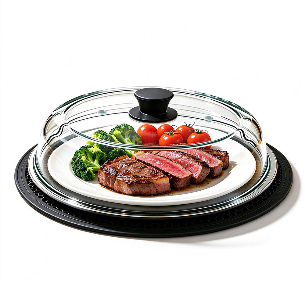 Microwave Glass Splatter Cover with Silicone Trivet Dual Vents and Handle