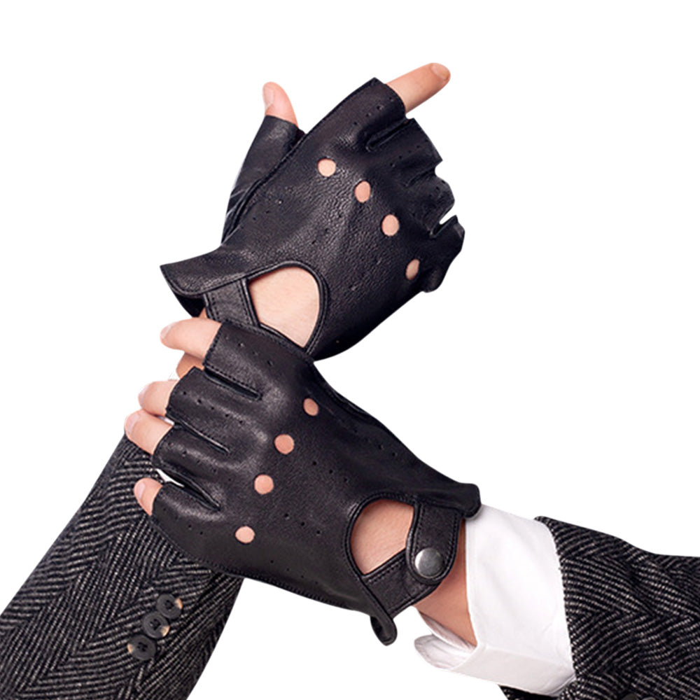 Mens Fingerless Leather Driving Gloves for Motorcycle Riding-Black