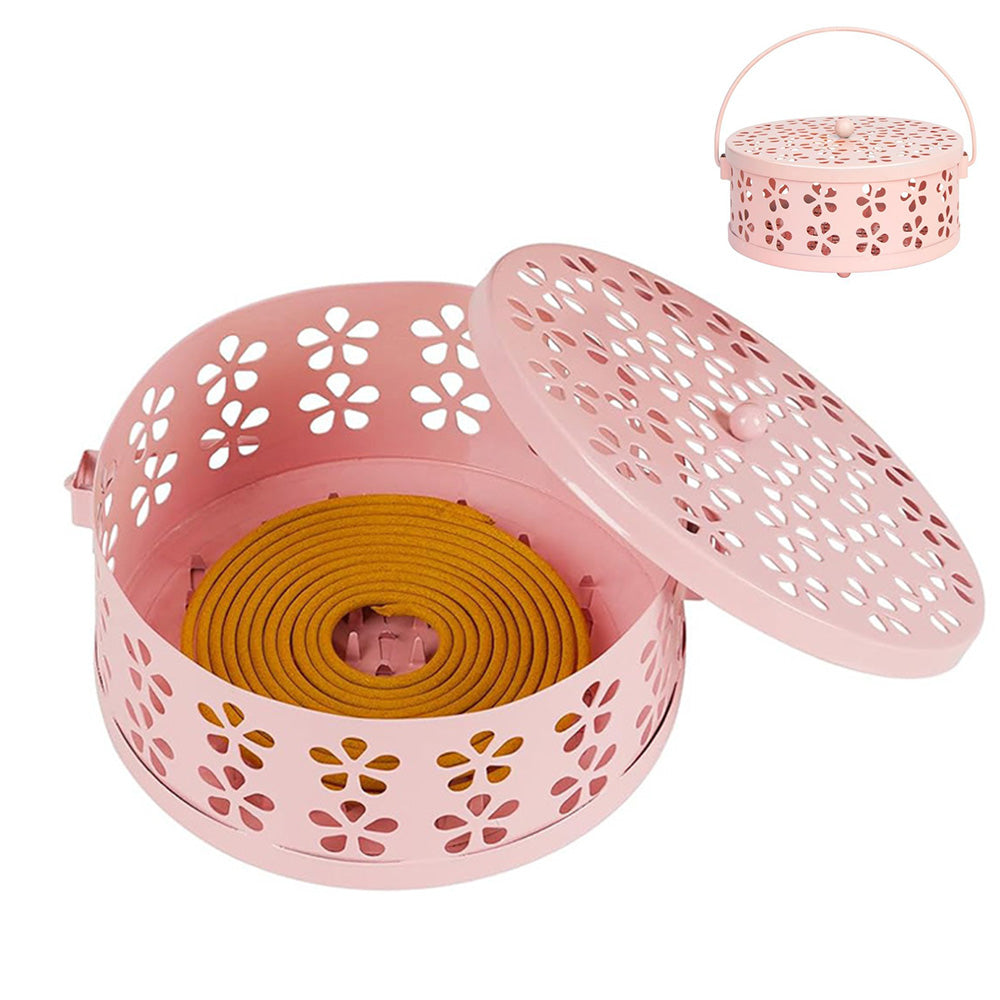 14cm Metal Mosquito Coil and Incense Holder with Lid Floral Cutout Design