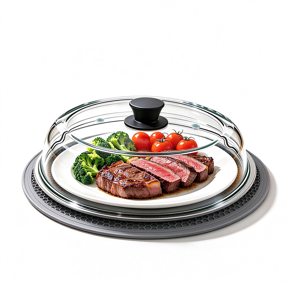 Microwave Glass Splatter Cover with Silicone Trivet Dual Vents and Handle