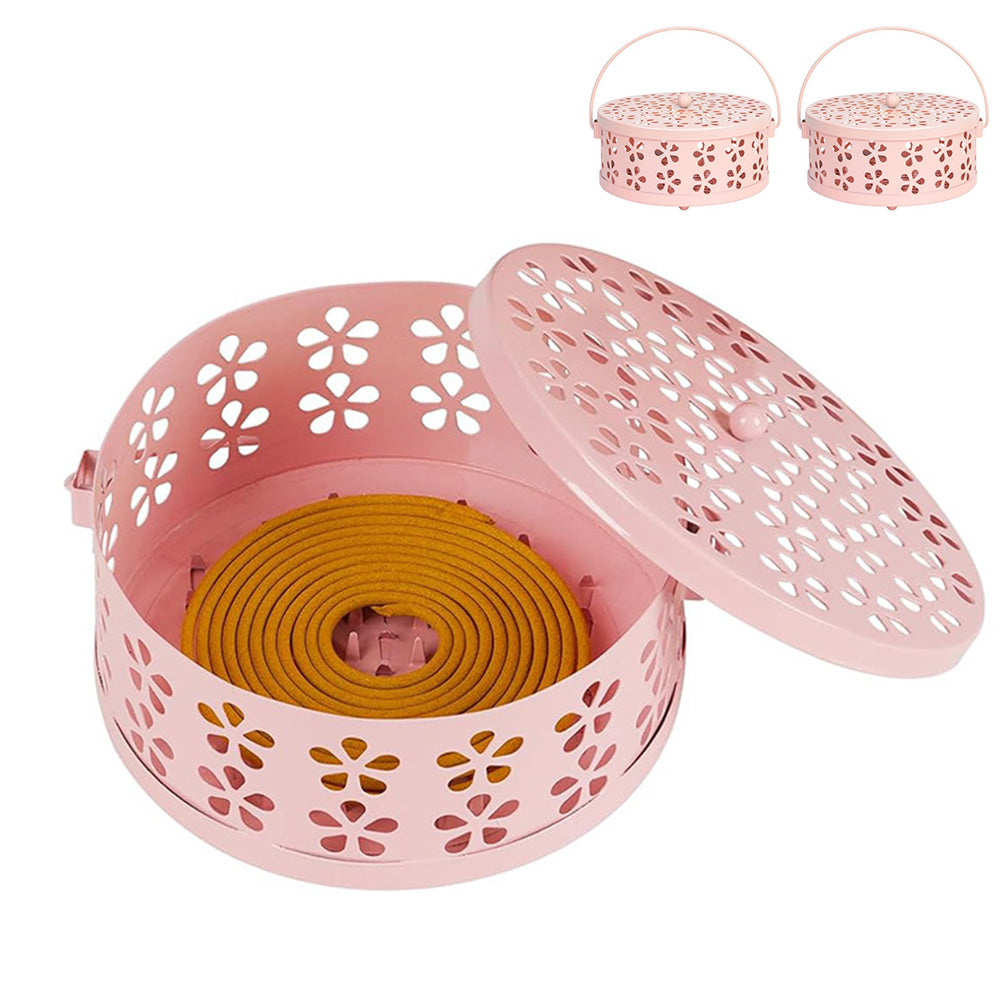 2X 14cm Metal Mosquito Coil and Incense Holder with Lid Floral Cutout Design