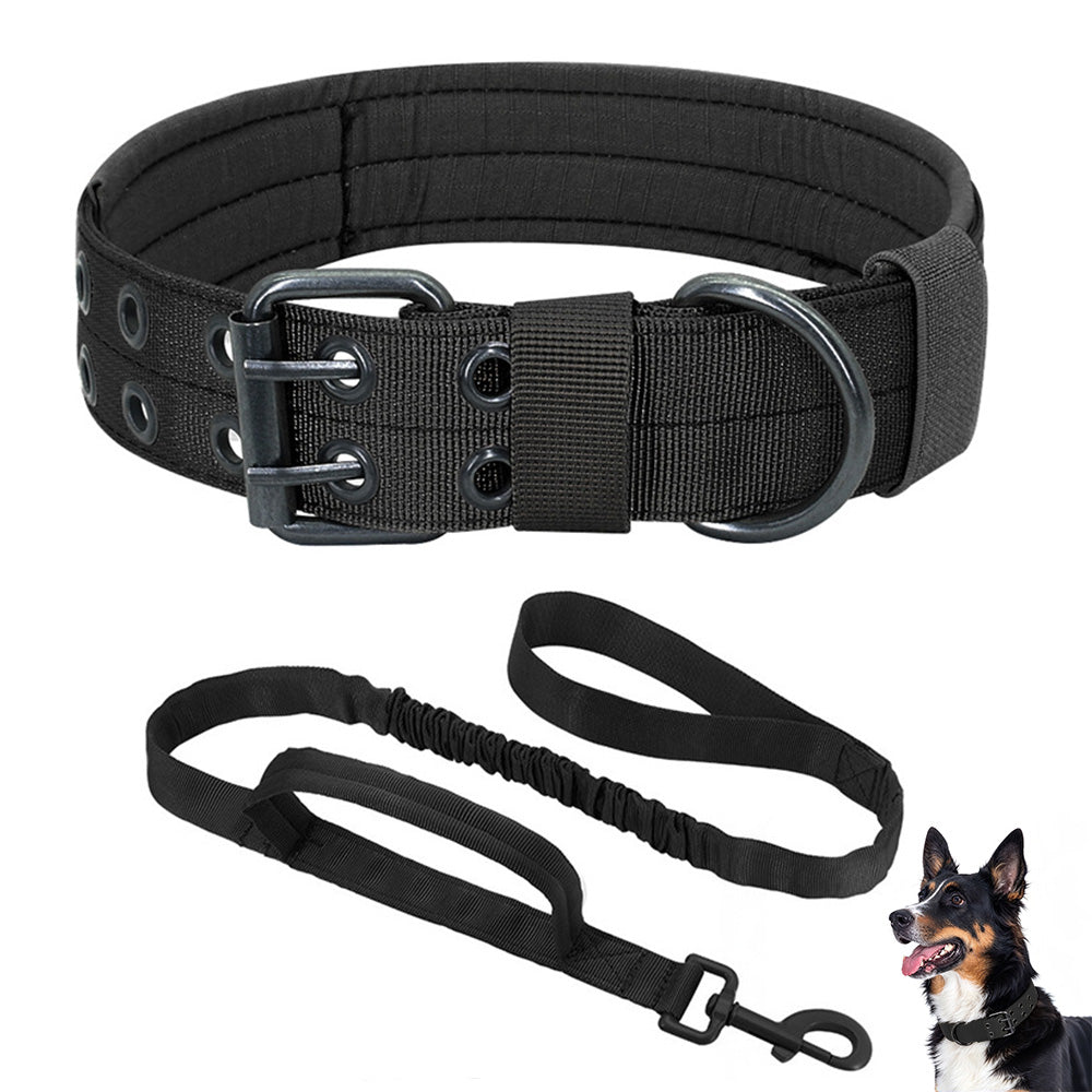 Adjustable Padded Nylon Dog Collar and Leash Set for Large Dogs-Black