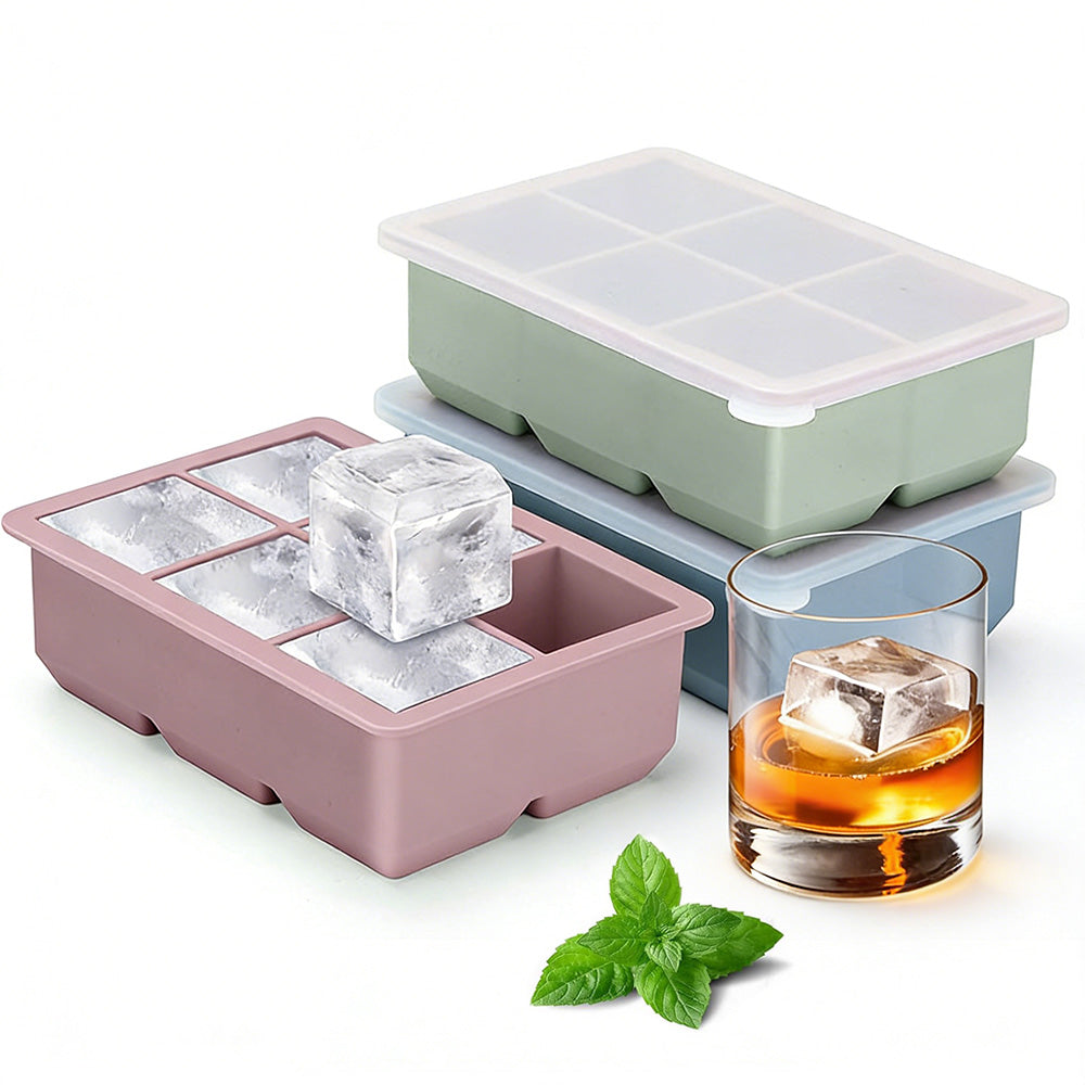 3Pcs Silicone Ice Cube Trays with Lid 6 Cavity Large Square Mold for Whisky Cocktail