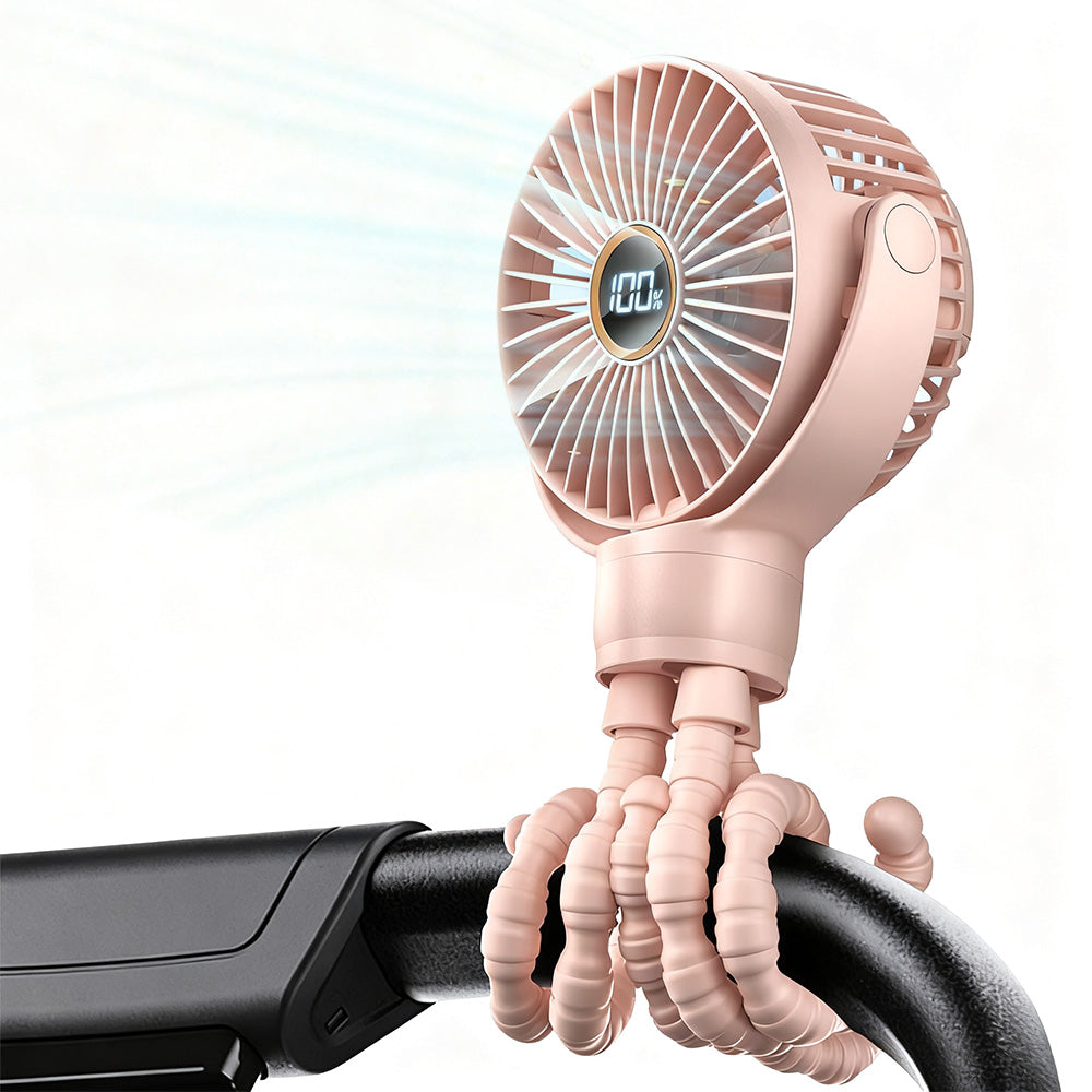 Portable Octopus Stroller Fan with Digital Display and 3 Speed Settings