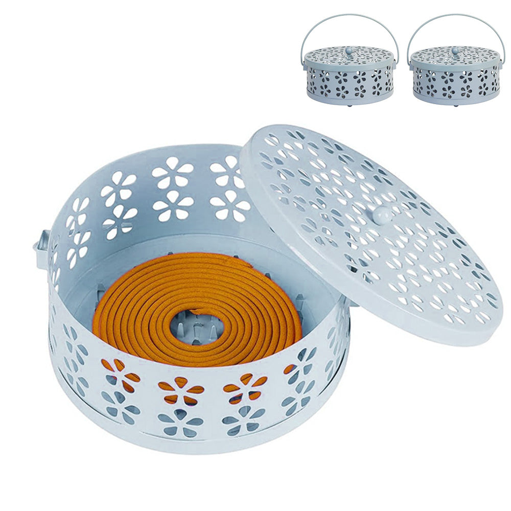 2X 14cm Metal Mosquito Coil and Incense Holder with Lid Floral Cutout Design