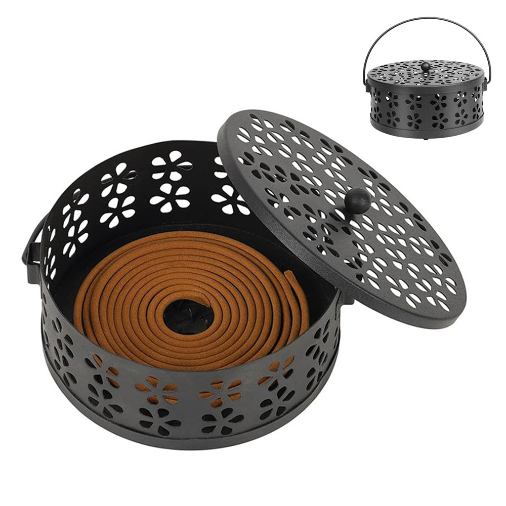 14cm Metal Mosquito Coil and Incense Holder with Lid Floral Cutout Design