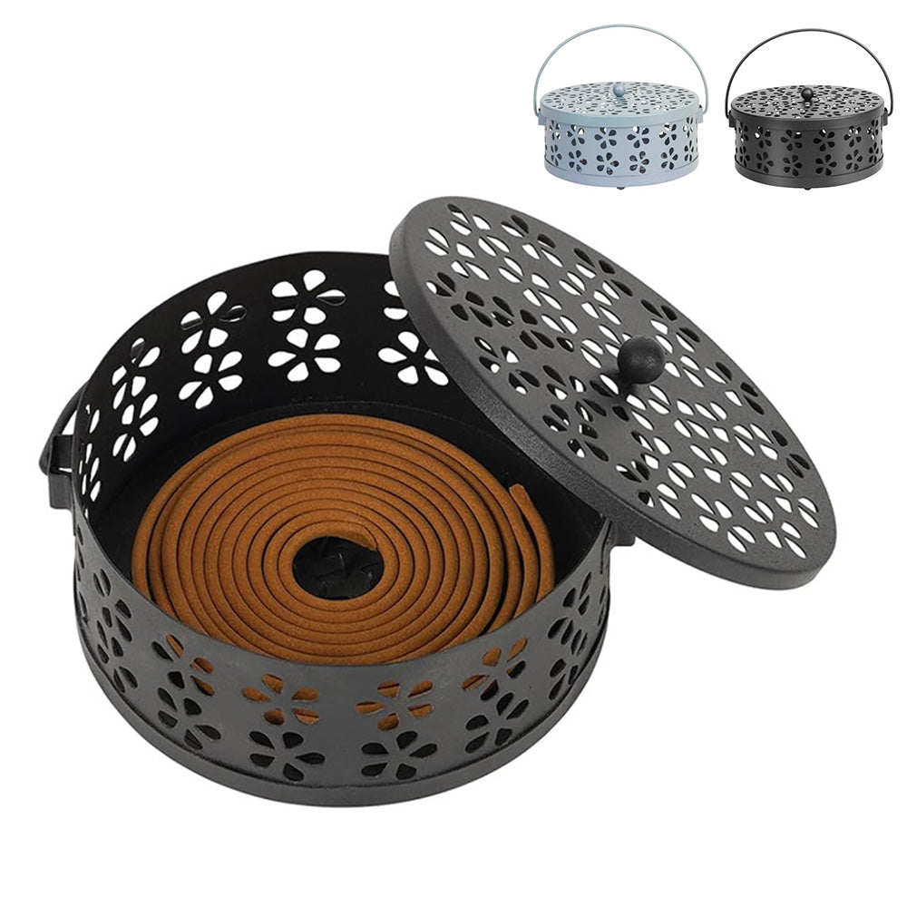 2X 14cm Metal Mosquito Coil and Incense Holder with Lid Floral Cutout Design