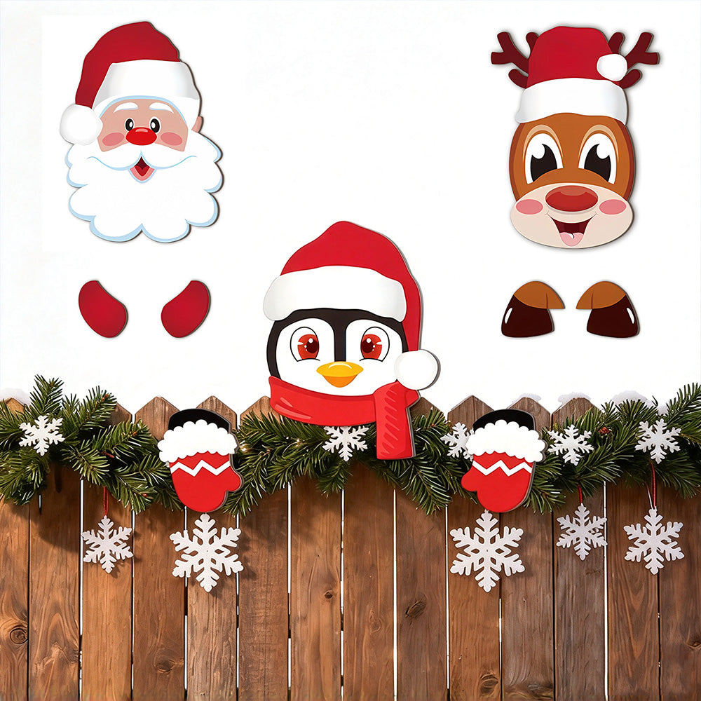 3 Pcs Christmas Fence Peeker Santa Reindeer Penguin Yard Decor