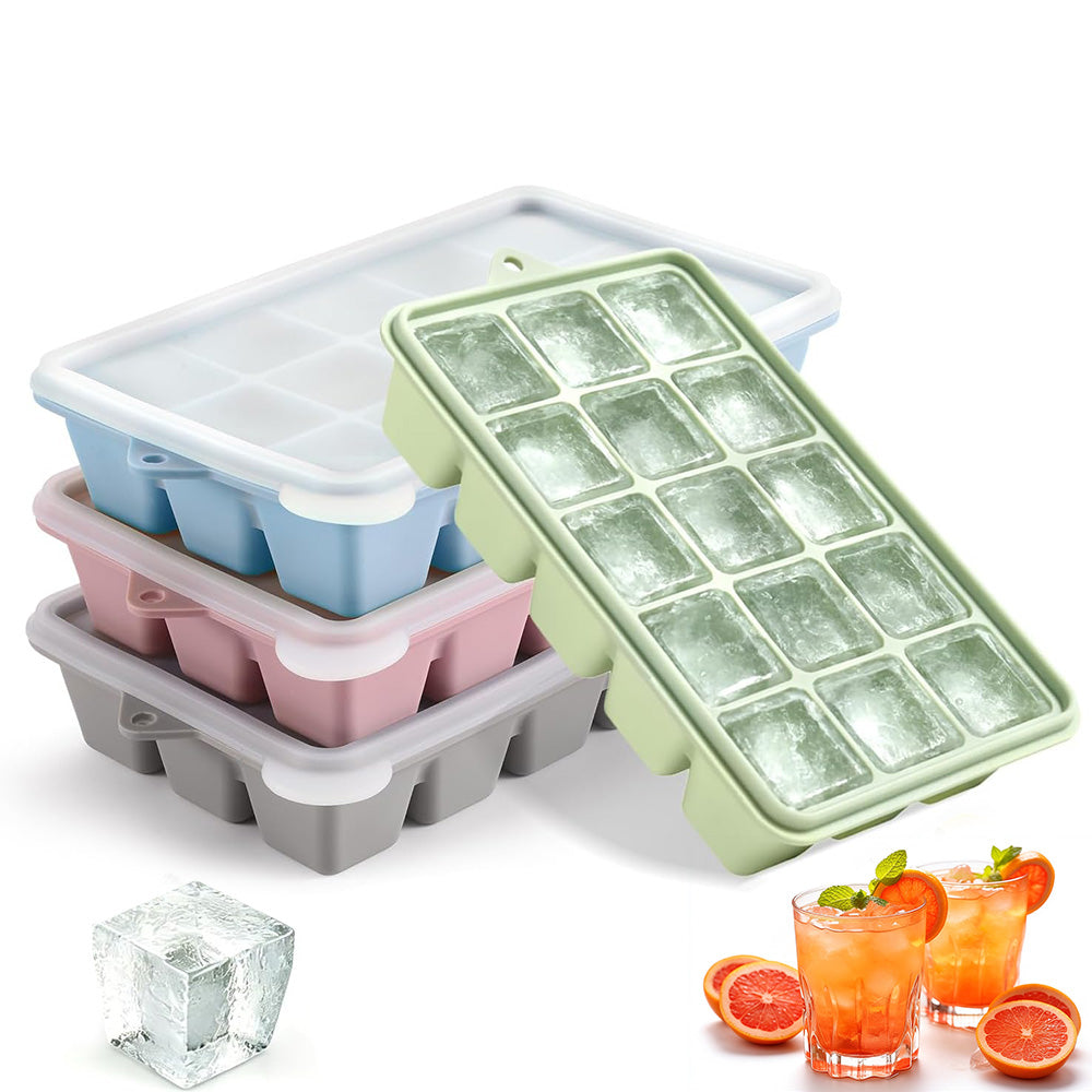 4 Piece Silicone Ice Cube Trays with 15 Cavities Lids and Stackable Design