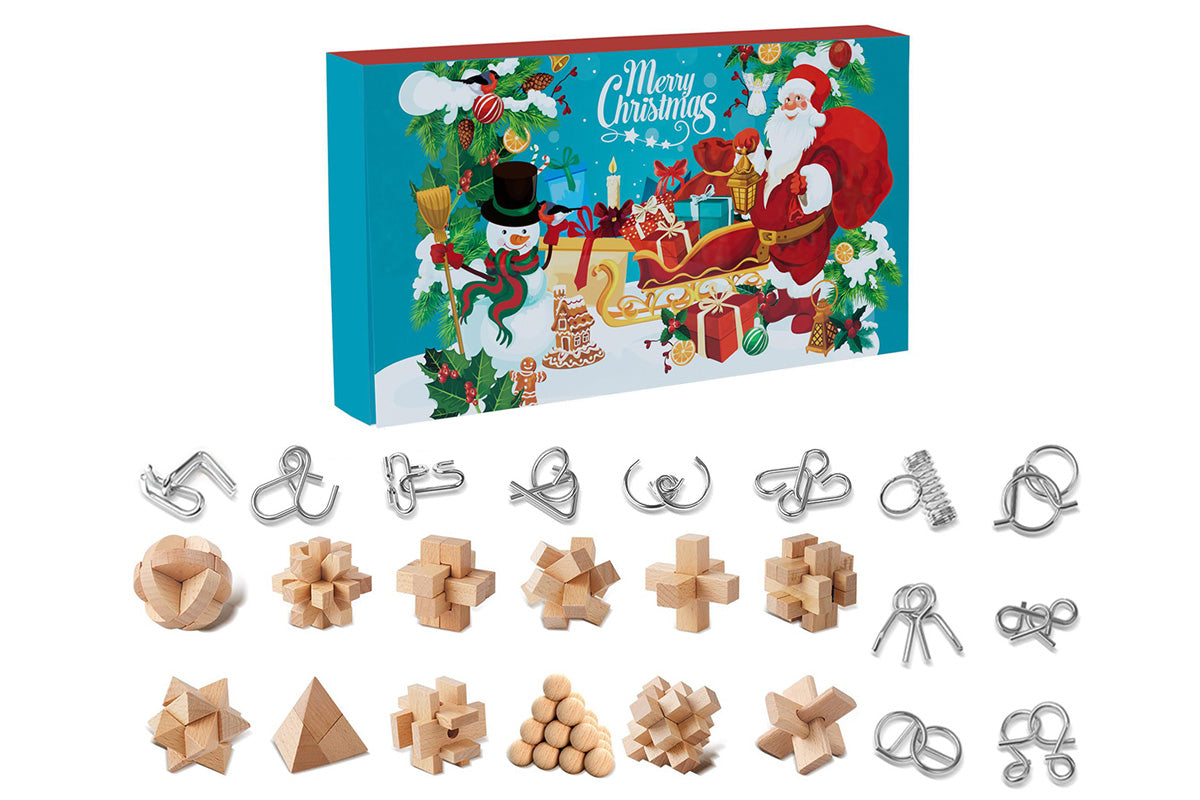 24PCS Brain Teaser Christmas Advent Calendar With 3D Stainless Steel Puzzle And Burr Puzzle