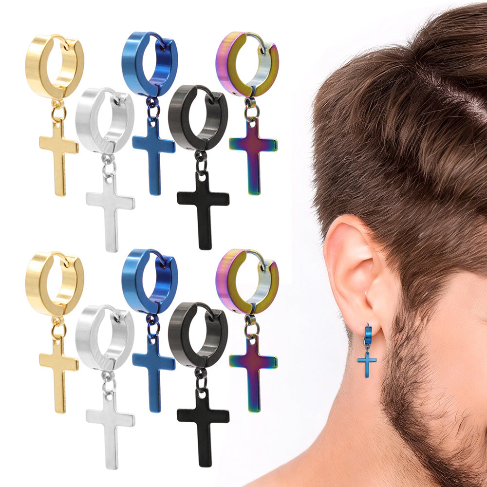 5 Pairs Unisex Cross Dangle Hoop Huggie Stainless Steel Earrings