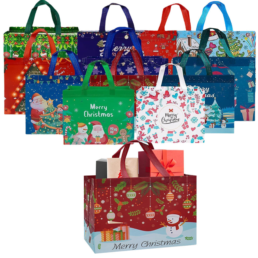 12 Pack Christmas Gift Bags Large Reusable Tote Bags Xmas Party Favors