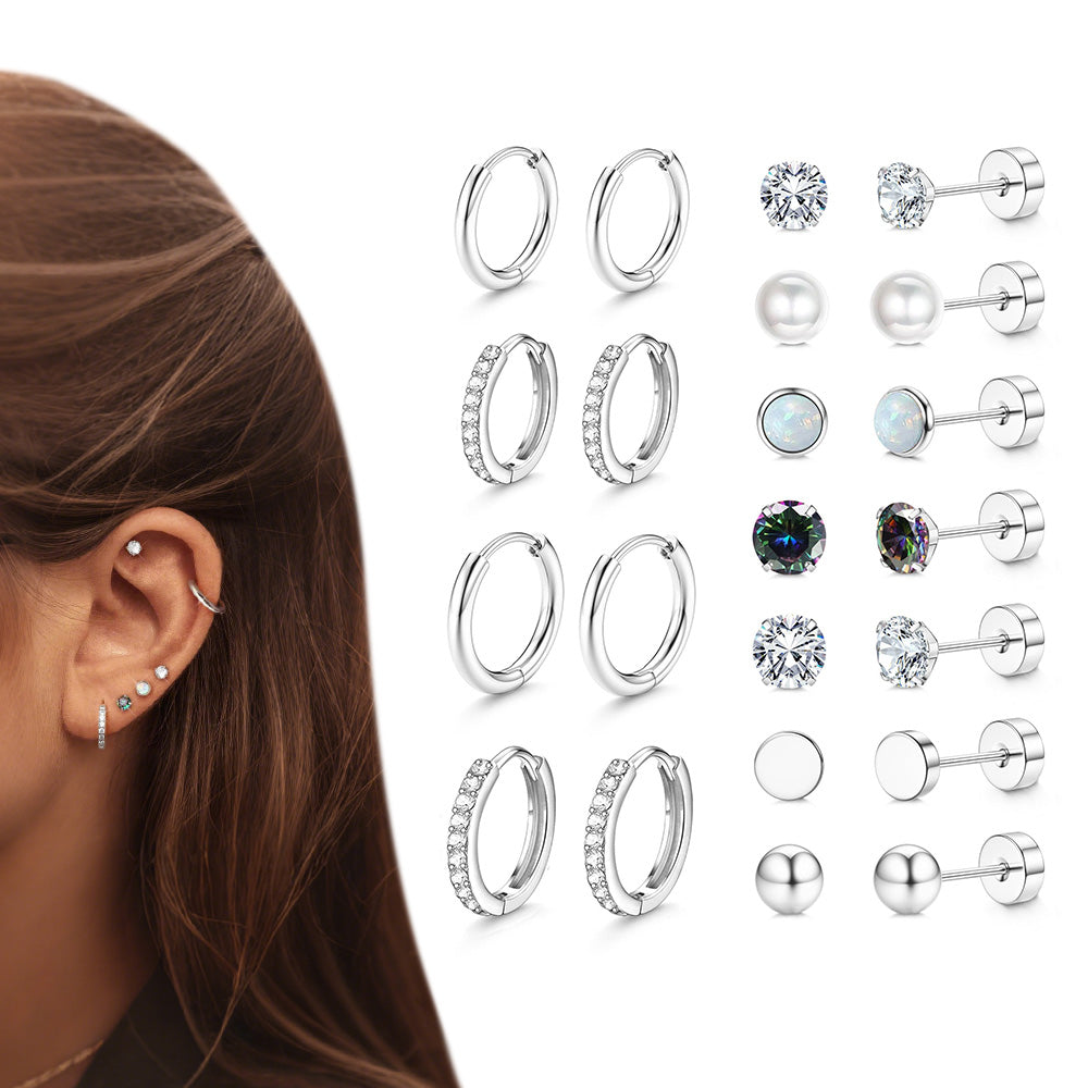 11Pairs Hypoallergenic Stud Hoop Earrings for Women Trendy Silver Hoops Cartilage Earring Stacks Set