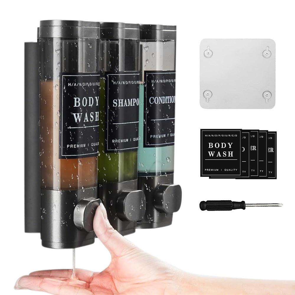 No-Drill Wall-Mounted Triple Soap Dispenser for Bathroom Shampoo Conditioner & Body Wash