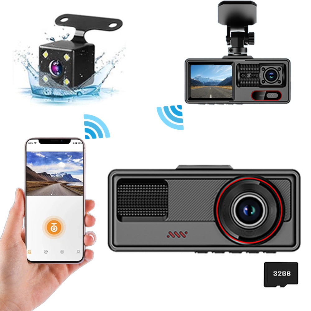 3 Channel Dash Cam Front And Rear With 32GB Card Built In WiFi Reversing Camera